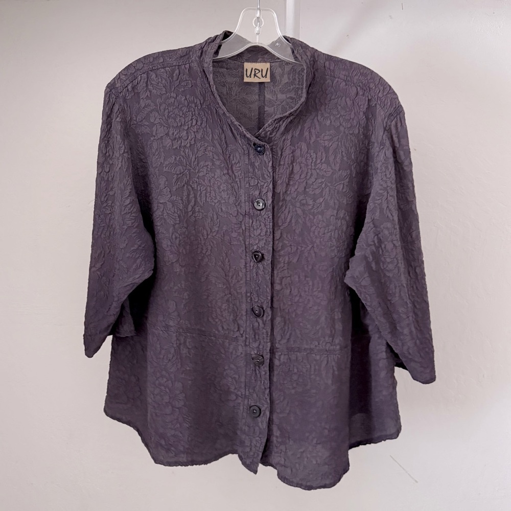 1990s URU Dusty Purple Textured Silk Blouse